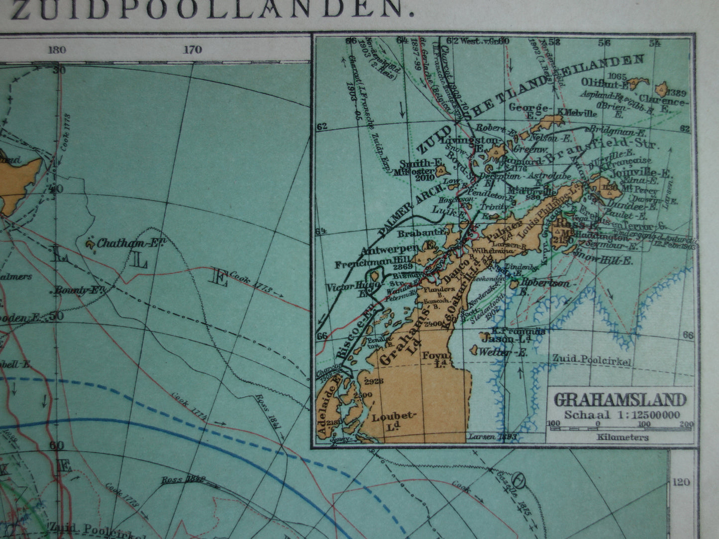 ZUIDPOOL oude kaart van het Zuidpoolgebied 1912 originele antieke Nederlandse landkaart van Antarctica