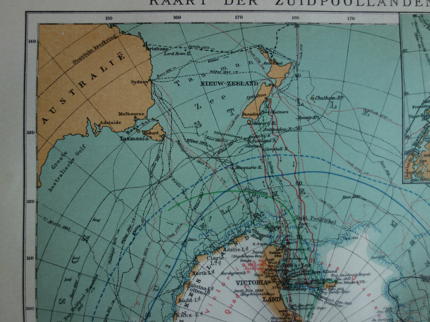 ZUIDPOOL oude kaart van het Zuidpoolgebied 1912 originele antieke Nederlandse landkaart van Antarctica