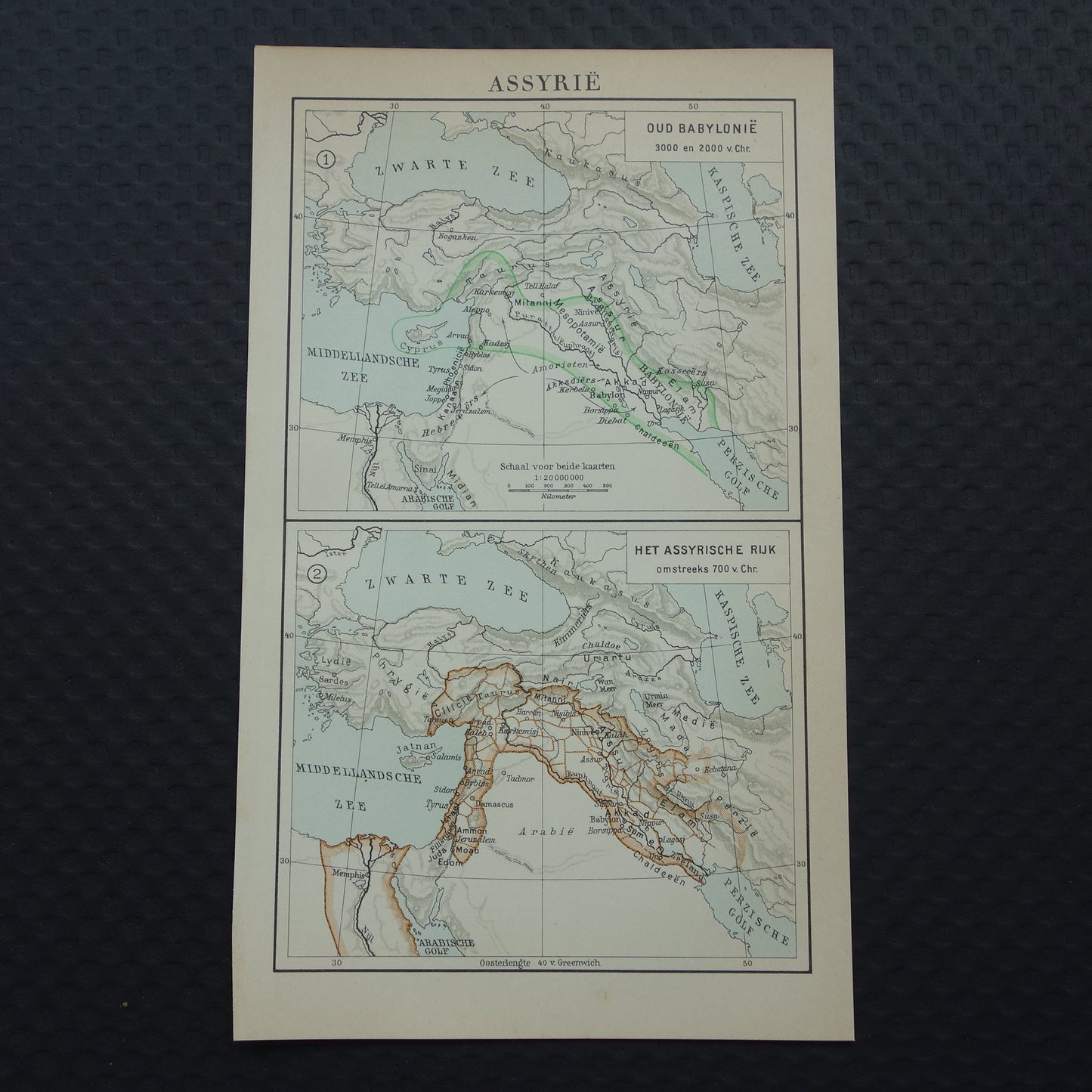 Oude kaart van Assyrië uit 1933 kleine originele vintage Nederlandse geschiedeniskaart van Babylonië en Assyrische Rijk