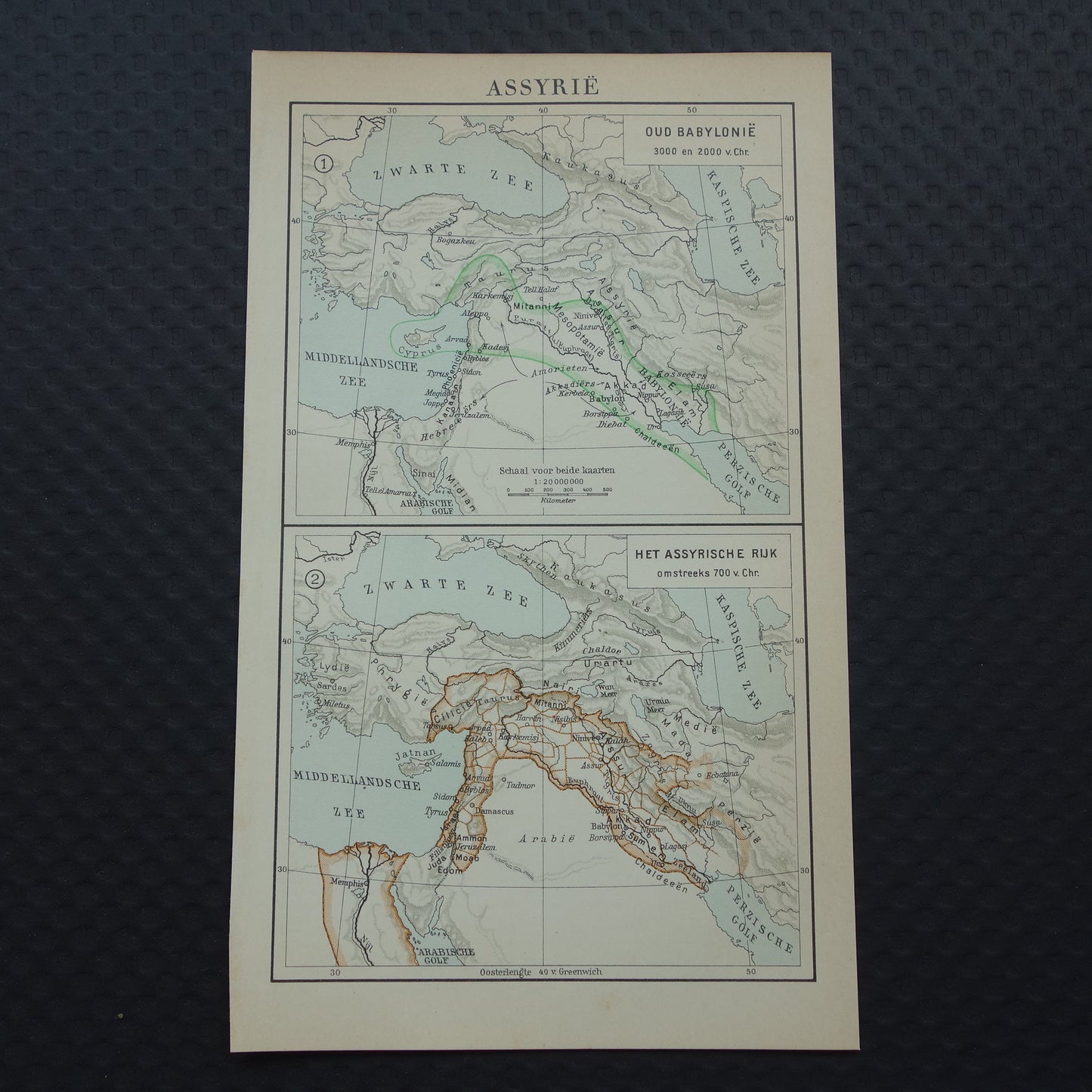 Oude kaart van Assyrië uit 1933 kleine originele vintage Nederlandse geschiedeniskaart van Babylonië en Assyrische Rijk