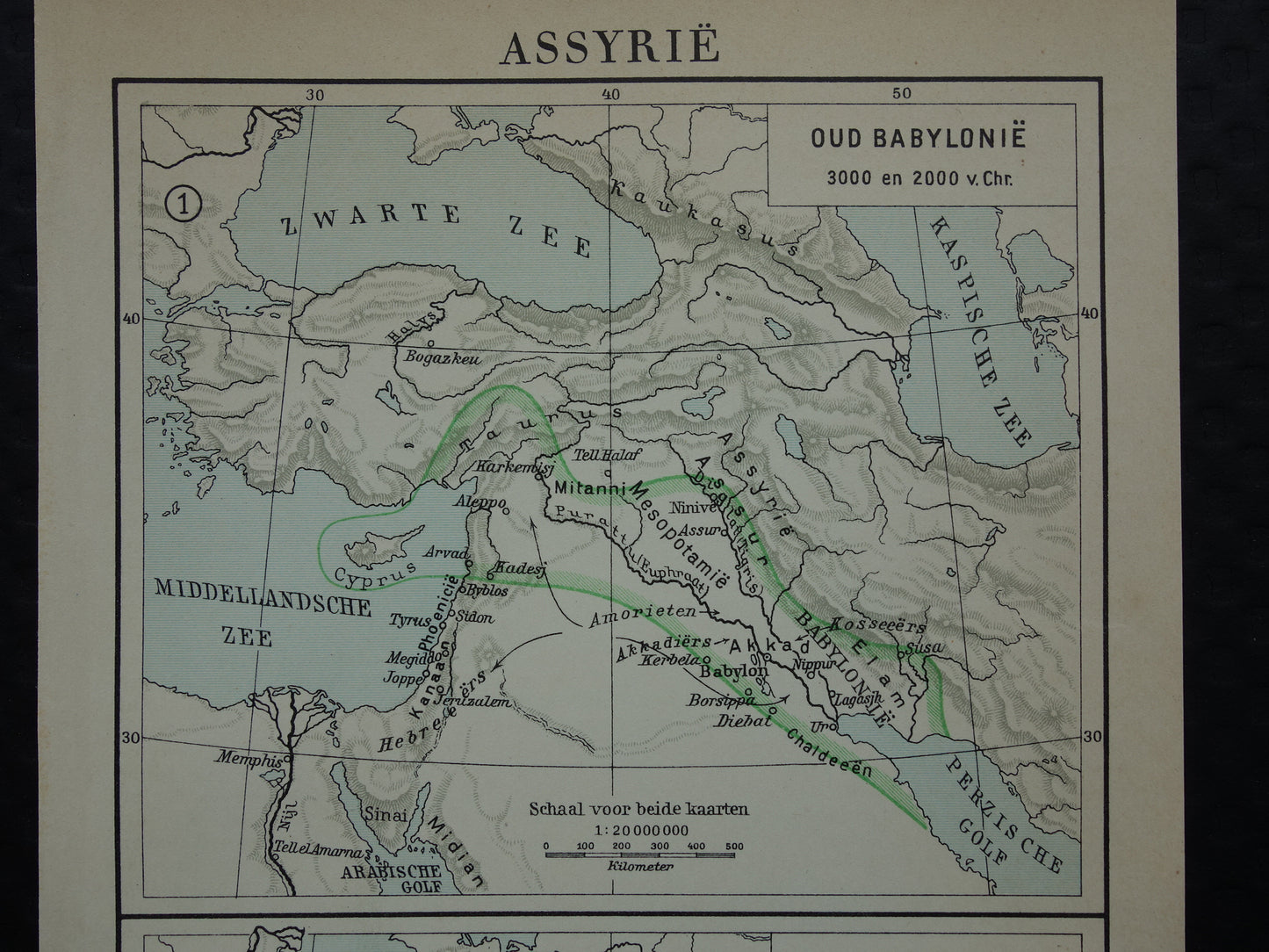 Oude kaart van Assyrië uit 1933 kleine originele vintage Nederlandse geschiedeniskaart van Babylonië en Assyrische Rijk