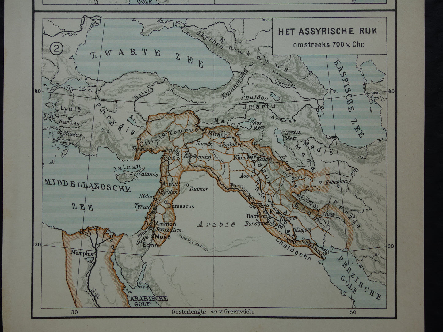 Oude kaart van Assyrië uit 1933 kleine originele vintage Nederlandse geschiedeniskaart van Babylonië en Assyrische Rijk
