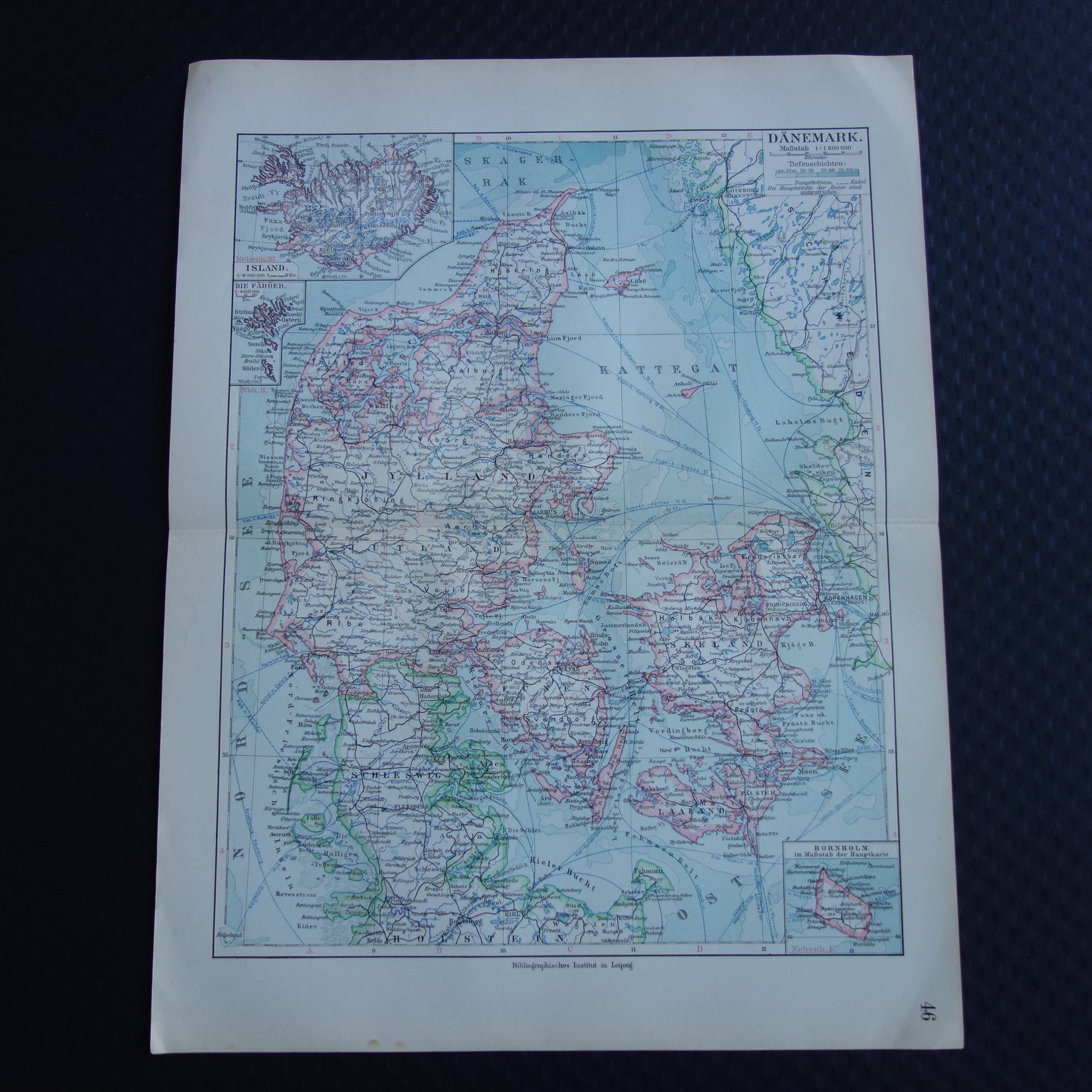 DENEMARKEN oude kaart van Denemarken uit 1913 originele antieke landkaart
