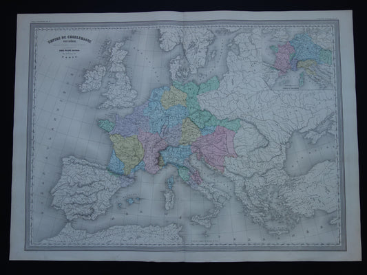 Kaart van Europa Karel de Grote Antieke landkaart Europees continent 8e eeuw Keizer Karel vintage kaarten