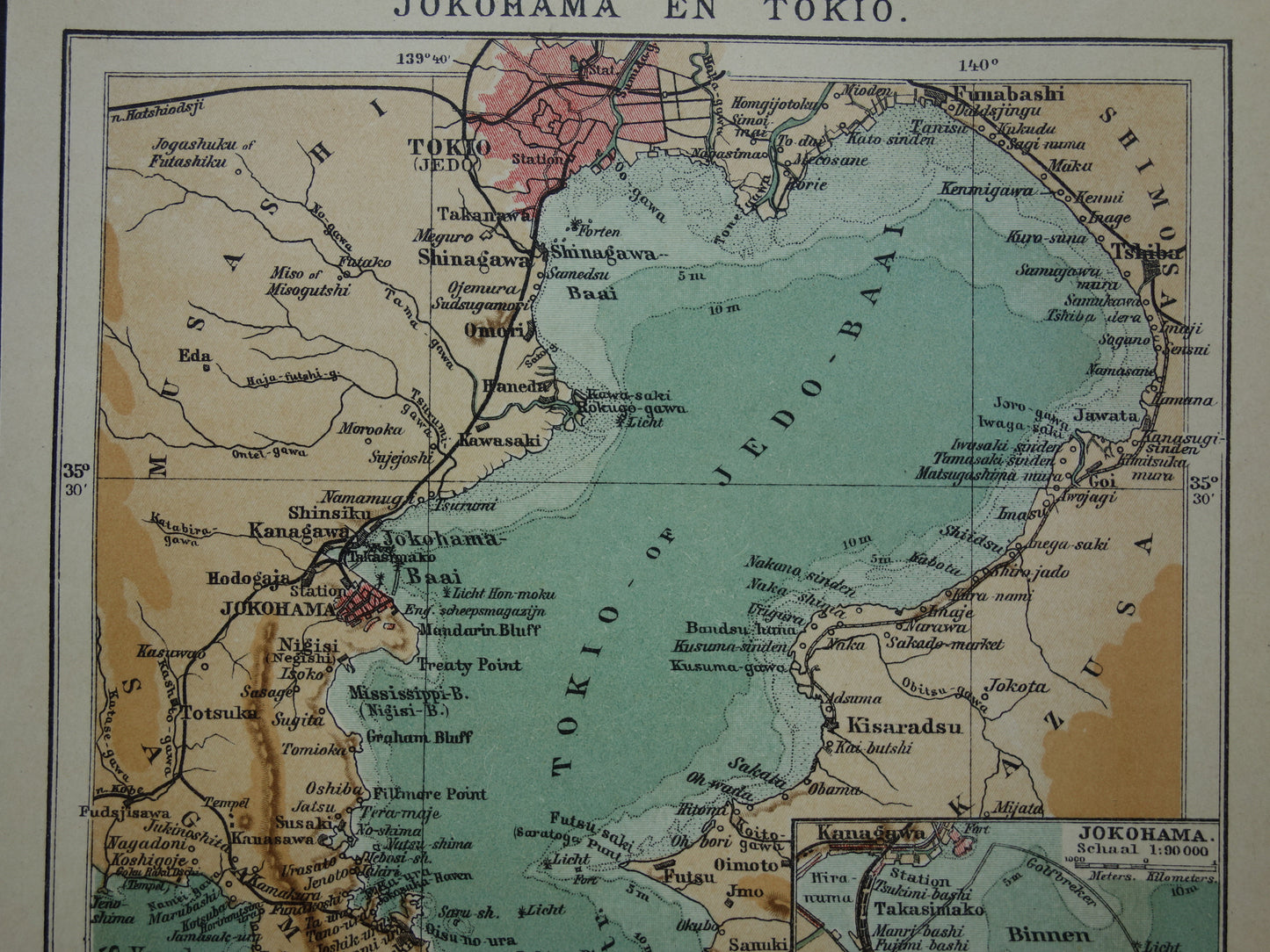 Oude kaart van Tokyo Yokohama Japan originele kleine antieke Nederlandse landkaart baai van Tokio