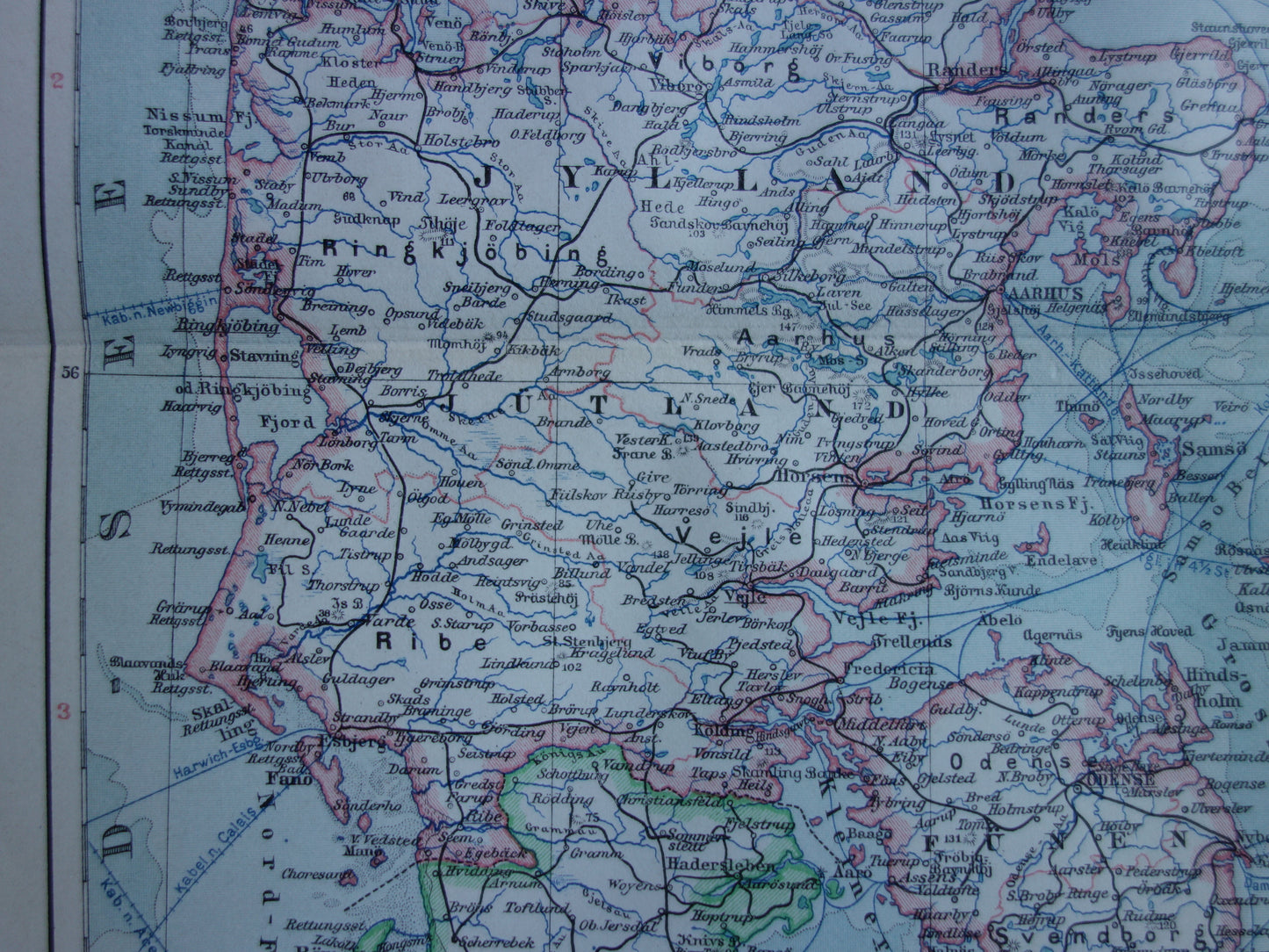DENEMARKEN oude kaart van Denemarken uit 1913 originele antieke landkaart