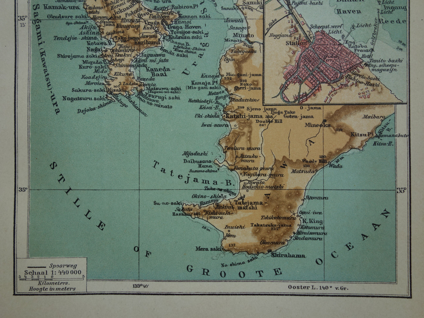 Oude kaart van Tokyo Yokohama Japan originele kleine antieke Nederlandse landkaart baai van Tokio