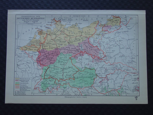 DUITSLAND oude taalkundige kaart van Duitse dialecten - kleine originele vintage landkkaart uit 1928 van het Duitse rijk dialect - taalkaart Hoogduits Nederduits