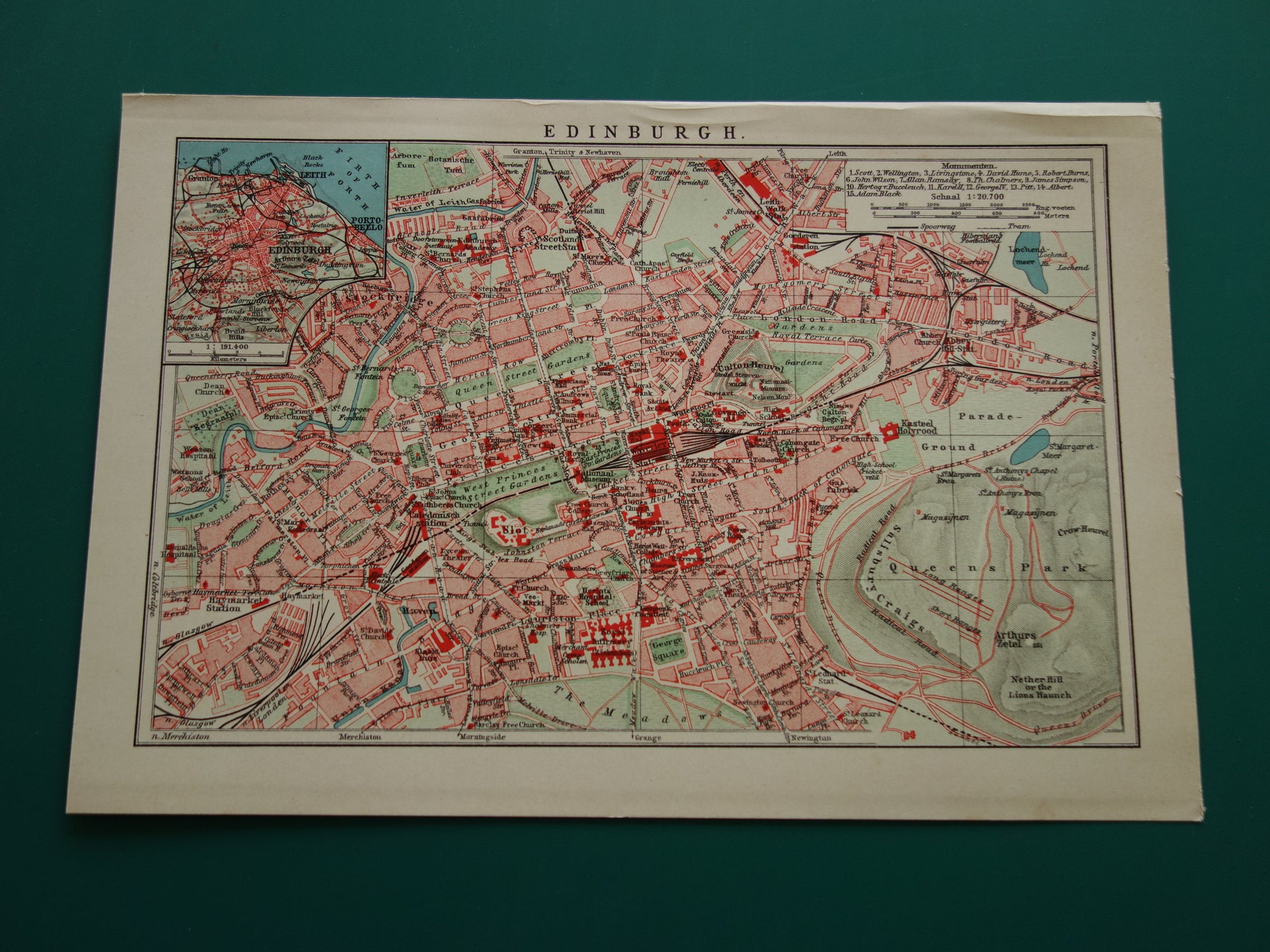 EDINBURGH kleine antieke kaart van uit 1907 - originele oude gedetailleerde plattegrond Edinburgh