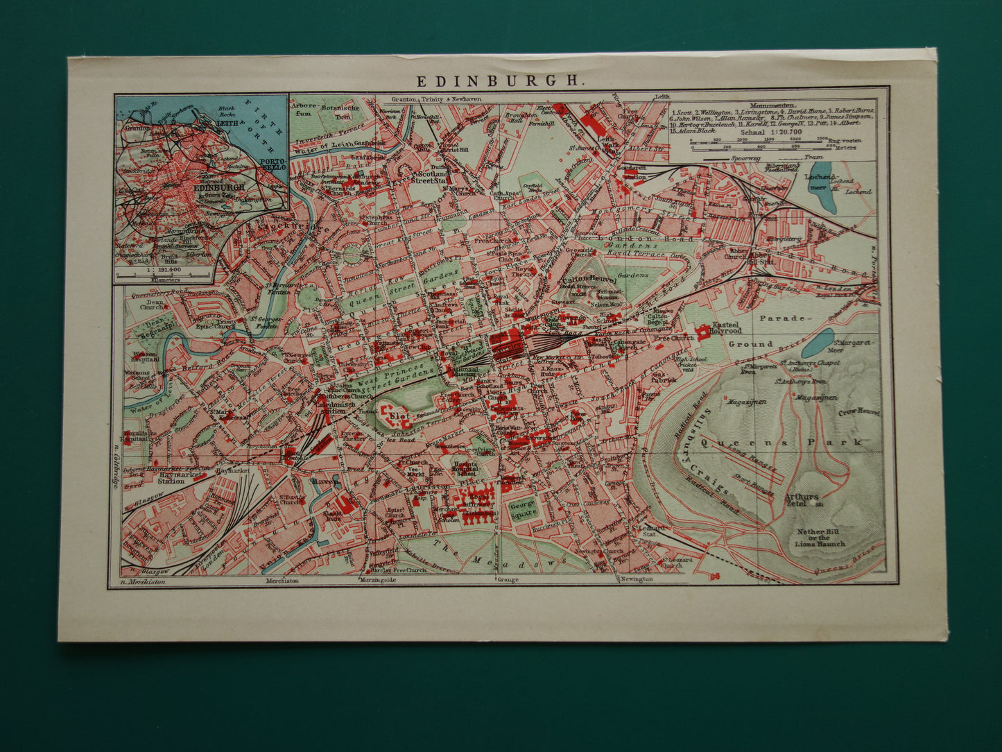 EDINBURGH kleine antieke kaart van uit 1907 - originele oude gedetailleerde plattegrond Edinburgh