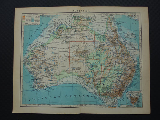 Oude kaart van Australië uit 1933 originele vintage Nederlandse landkaart van Australië gedetailleerde kaarten