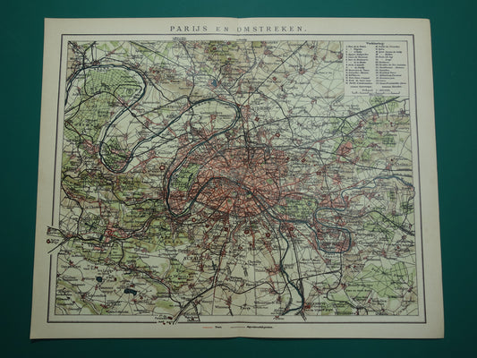 PARIJS oude kaart Originele antieke Nederlandse plattegrond van Parijs en omgeving uit 1910 vintage historische kaarten