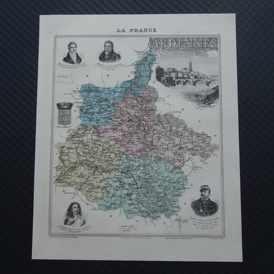 Oude kaart van Ardennes departement in Frankrijk uit 1886 originele antieke handgekleurde landkaart Charleville Mezieres Rethel Sedan Revin Ardennen