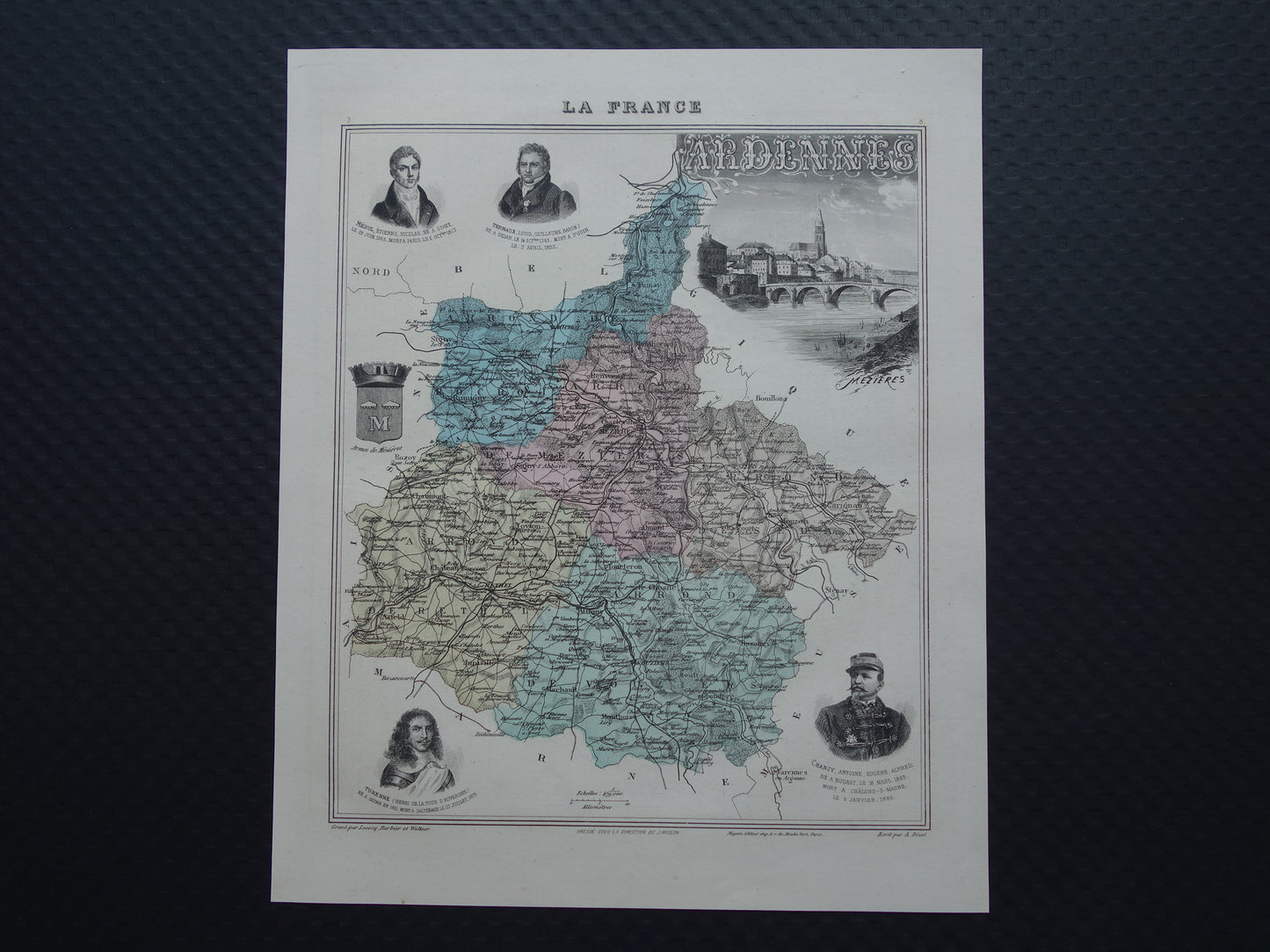 Oude kaart van Ardennes departement in Frankrijk uit 1886 originele antieke handgekleurde landkaart Charleville Mezieres Rethel Sedan Revin Ardennen