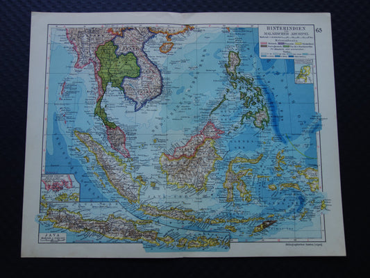 INDONESIË oude kaart van Indonesië Filipijnen Zuidoost-Azië 1928 originele vintage Duitse landkaart Batavia Singapore Atjeh Java