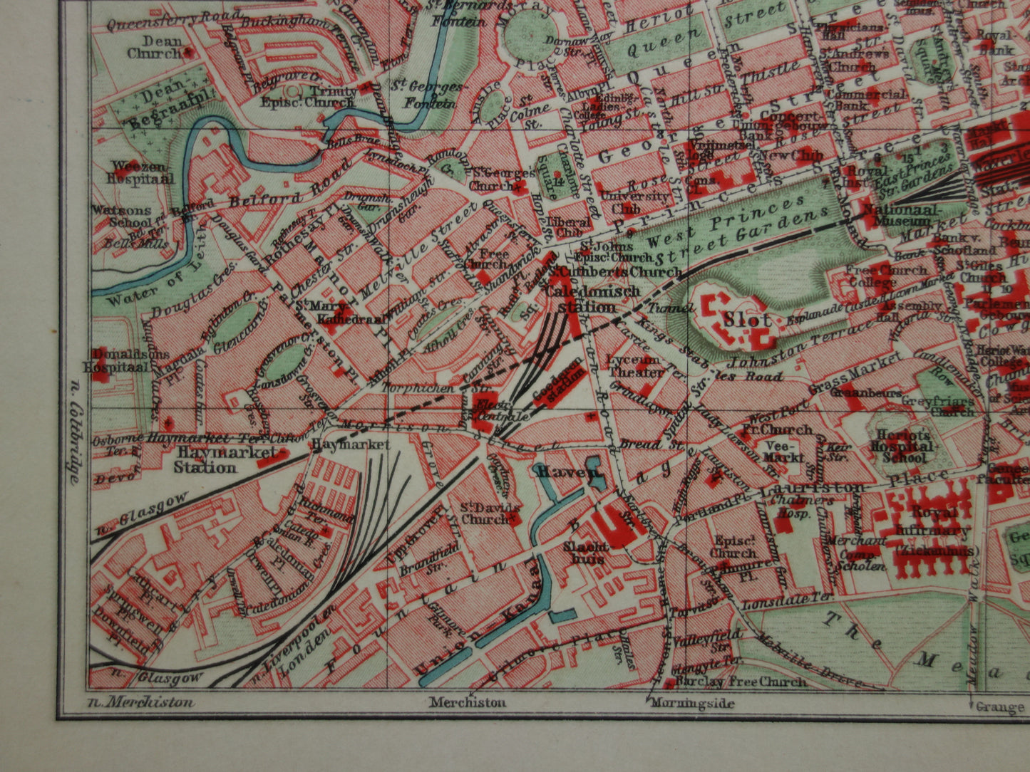 EDINBURGH kleine antieke kaart van uit 1907 - originele oude gedetailleerde plattegrond Edinburgh