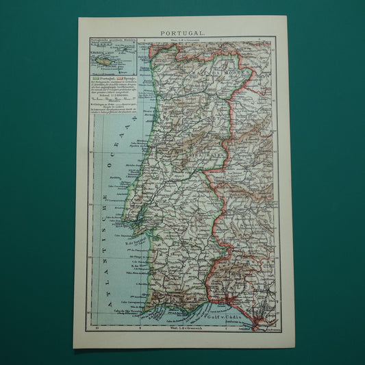 PORTUGAL oude kaart van Portugal 1910 originele antieke Nederlandse kleine landkaart Porto Lissabon Faro