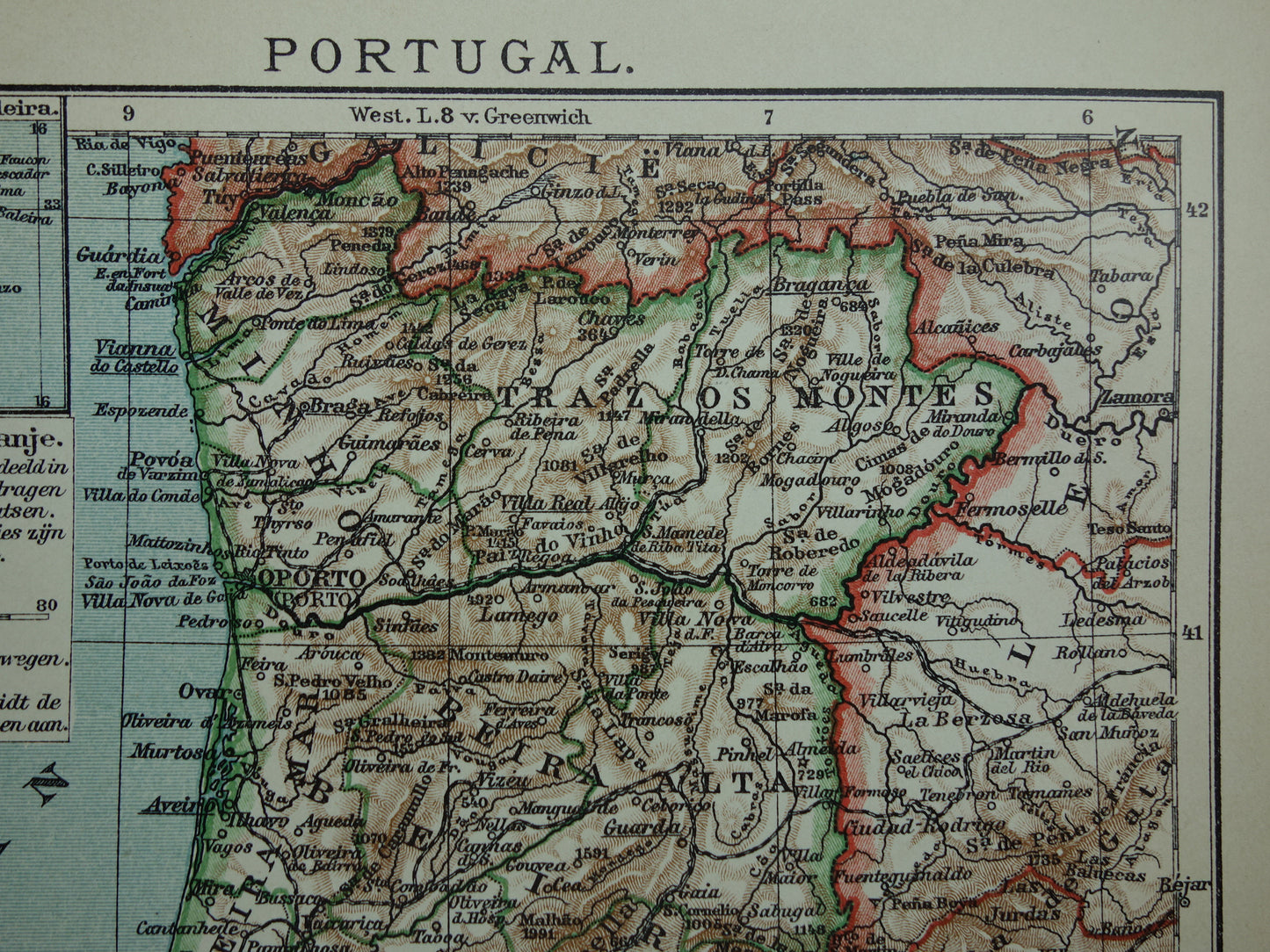 PORTUGAL oude kaart van Portugal 1910 originele antieke Nederlandse kleine landkaart Porto Lissabon Faro