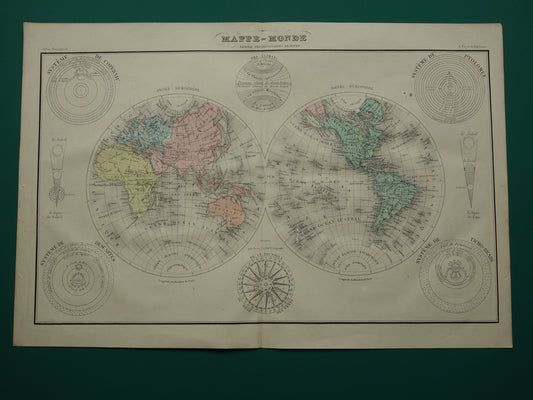 Antieke Wereldkaart uit 1877 originele Franse oude kaart van de wereld