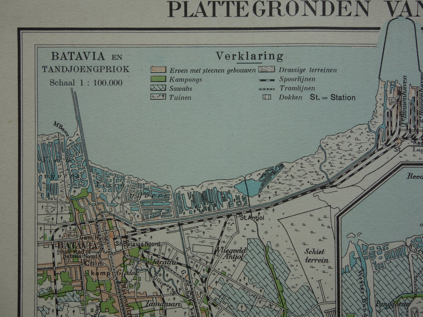 JAVA Indonesië kleine oude kaart met plattegronden van Jakarta Semarang en Surabaya