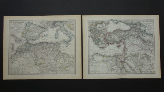 Middellandse Zee oude kaart van het Middellandse Zeegebied uit 1876 Originele antieke handgekleurde landkaart