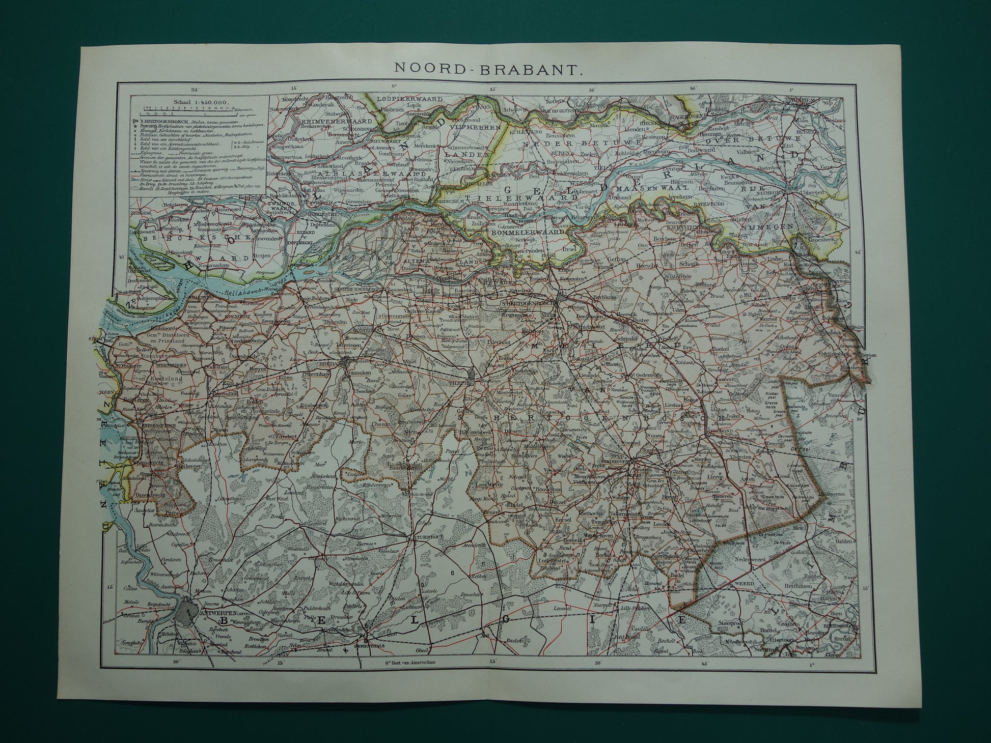 Noord-Brabant Oude landkaart van de provincie Noord-Brabant uit 1920 originele antieke kaart