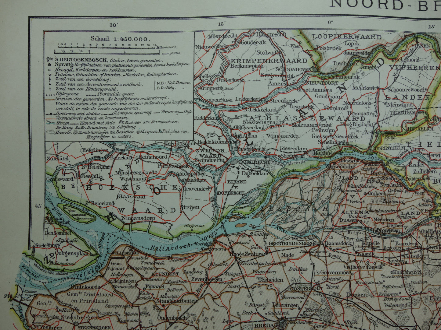 Noord-Brabant Oude landkaart van de provincie Noord-Brabant uit 1920 originele antieke kaart