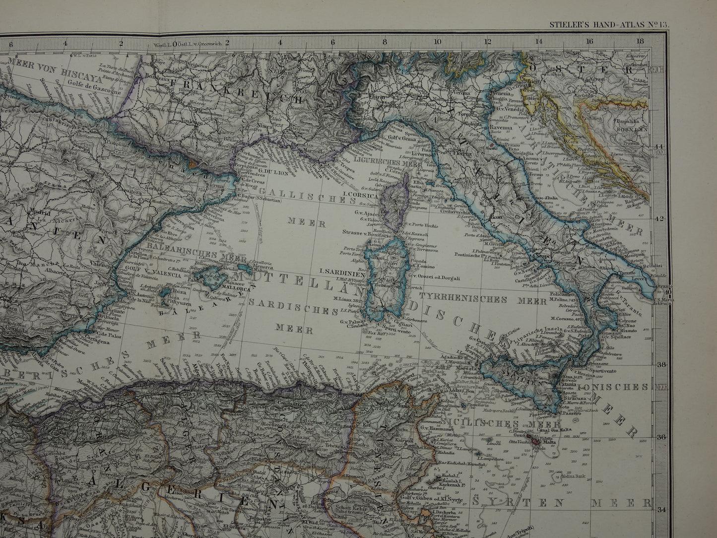 Middellandse Zee oude kaart van het Middellandse Zeegebied uit 1876 Originele antieke handgekleurde landkaart