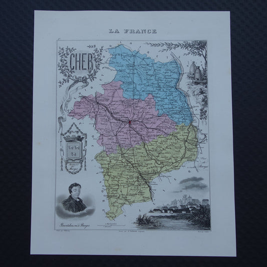Vintage kaart van Cher departement in Frankrijk uit 1876 originele oude antieke landkaart Bourges Vierzon Baugy