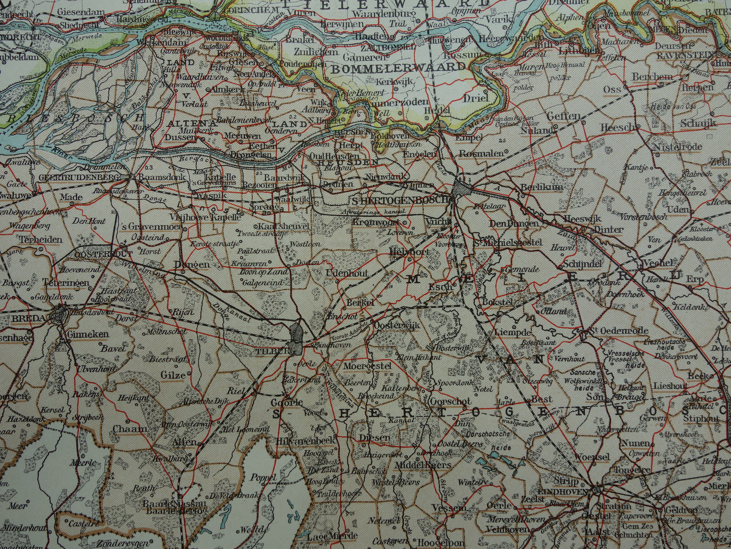 Noord-Brabant Oude landkaart van de provincie Noord-Brabant uit 1920 originele antieke kaart