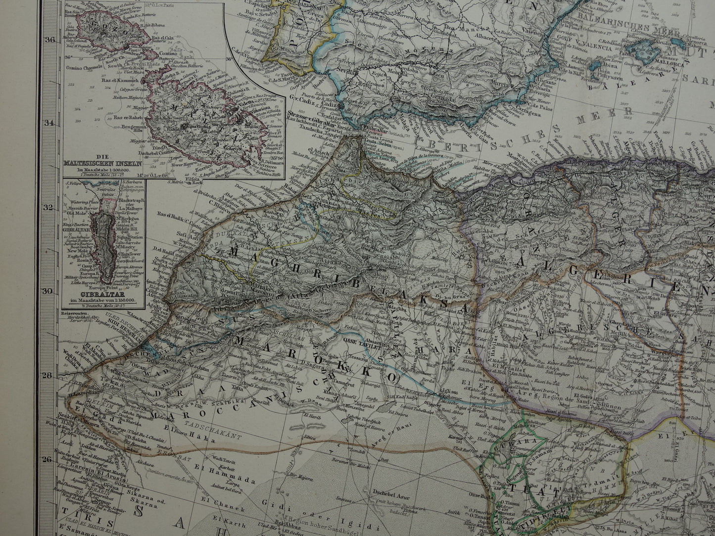 Middellandse Zee oude kaart van het Middellandse Zeegebied uit 1876 Originele antieke handgekleurde landkaart