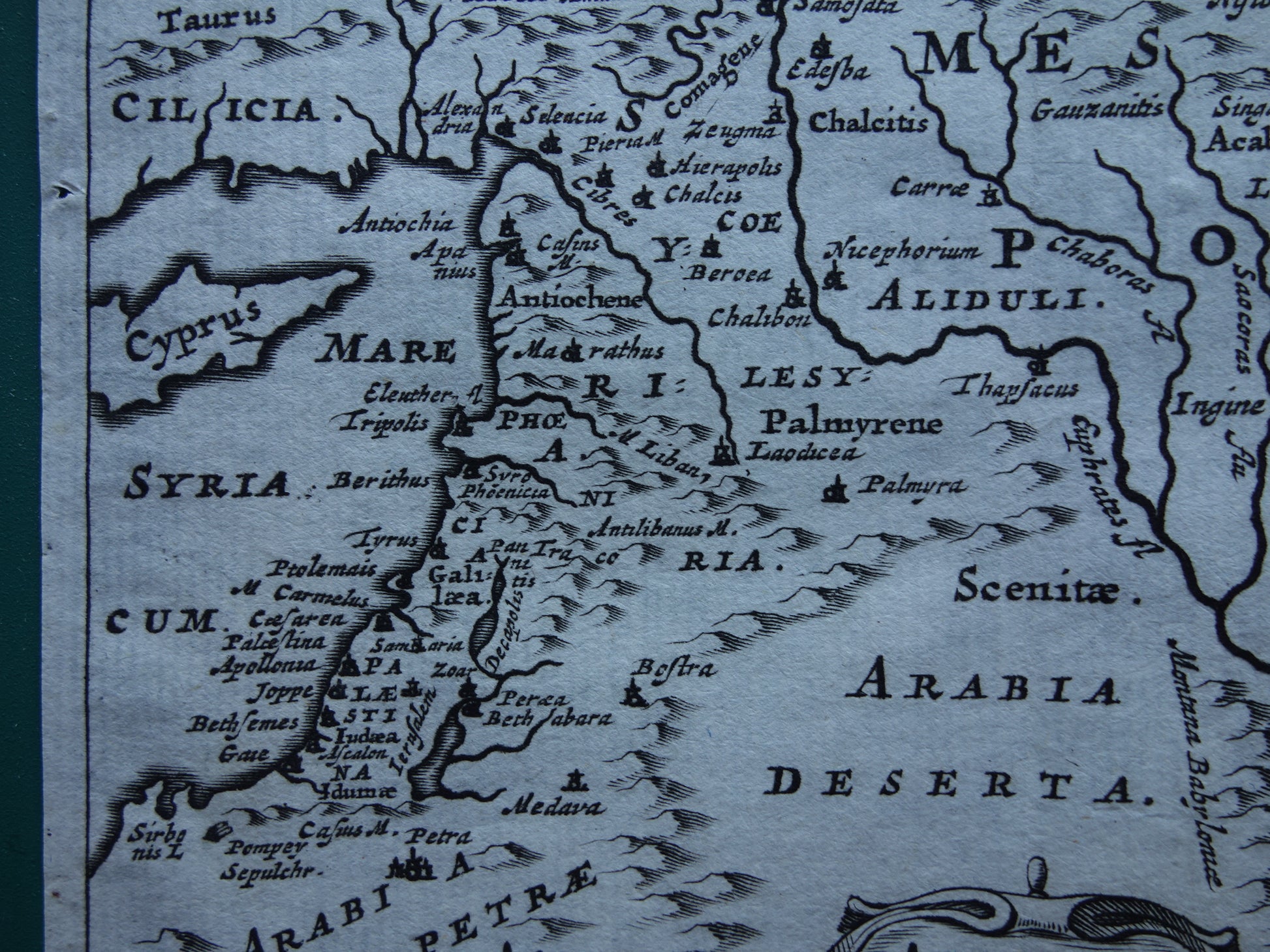 Oude kaart van Palestina Syrië Mesopotamië Armenië in de oudheid 1661 originele antieke landkaart klein formaat Armenia Syria Mesopotami Cluver