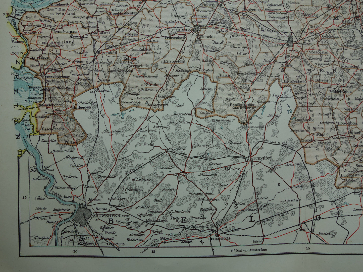 Noord-Brabant Oude landkaart van de provincie Noord-Brabant uit 1920 originele antieke kaart