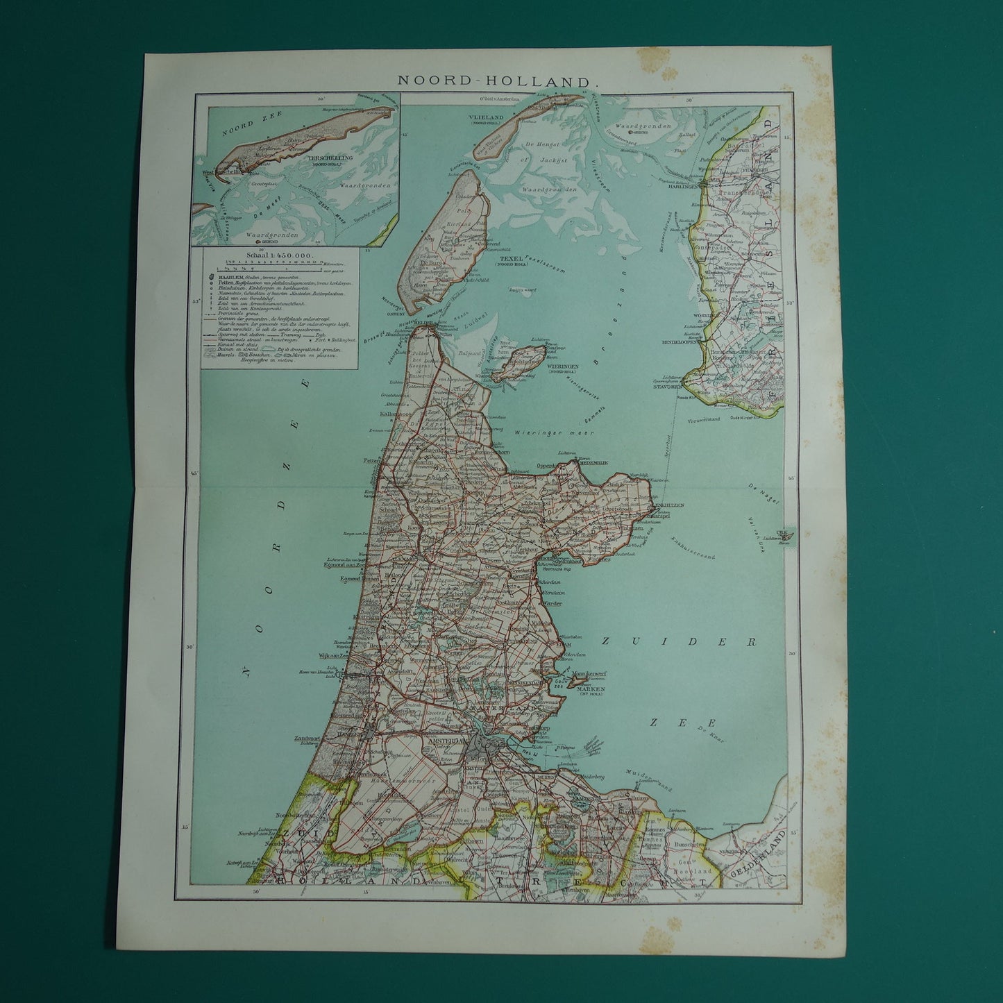 Oude kaart van de provincie Noord-Holland uit 1920 originele vintage antieke landkaart Amsterdam Enkhuizen Alkmaar Texel - Nederlandse landkaarten