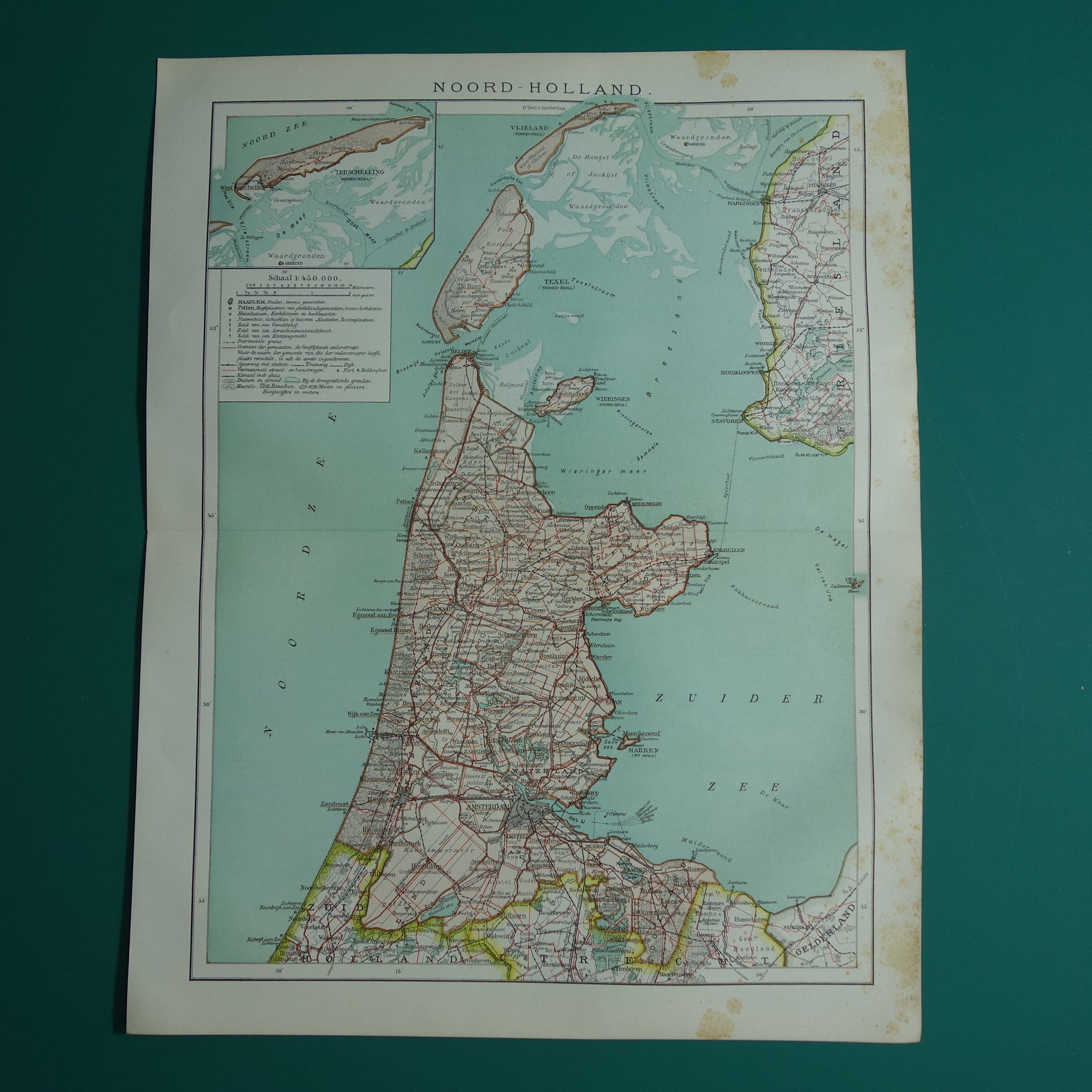 Oude kaart van de provincie Noord-Holland uit 1920 originele vintage antieke landkaart Amsterdam Enkhuizen Alkmaar Texel - Nederlandse landkaarten