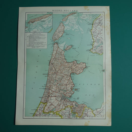 Oude kaart van de provincie Noord-Holland uit 1920 originele vintage antieke landkaart Amsterdam Enkhuizen Alkmaar Texel - Nederlandse landkaarten