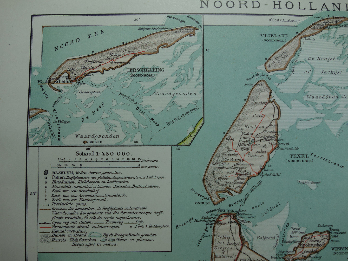Oude kaart van de provincie Noord-Holland uit 1920 originele vintage antieke landkaart Amsterdam Enkhuizen Alkmaar Texel - Nederlandse landkaarten