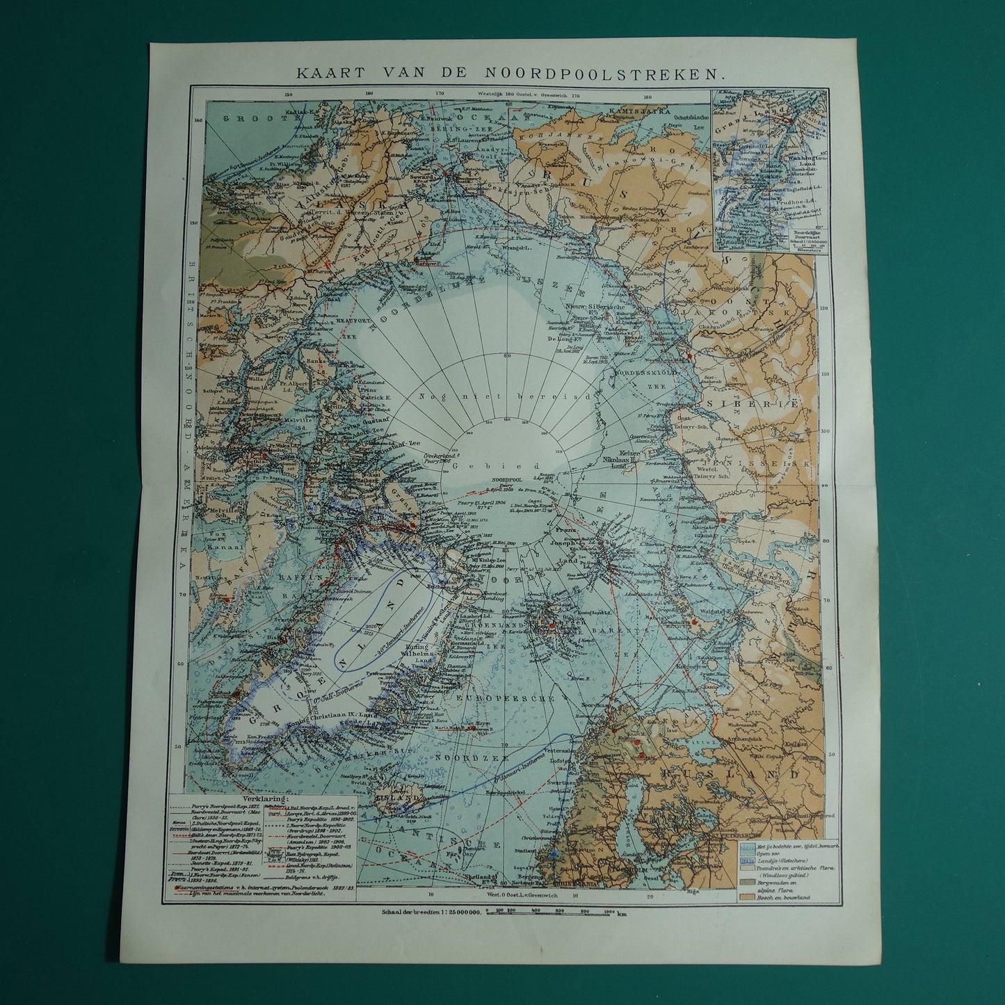 Oude kaart van de Noordpool 1920 originele antieke Nederlandse landkaart Groenland Spitsbergen