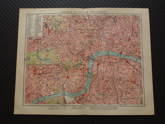LONDEN oude plattegrond uit 1919 originele Nederlandse antieke kaart van centrum Londen City Westend