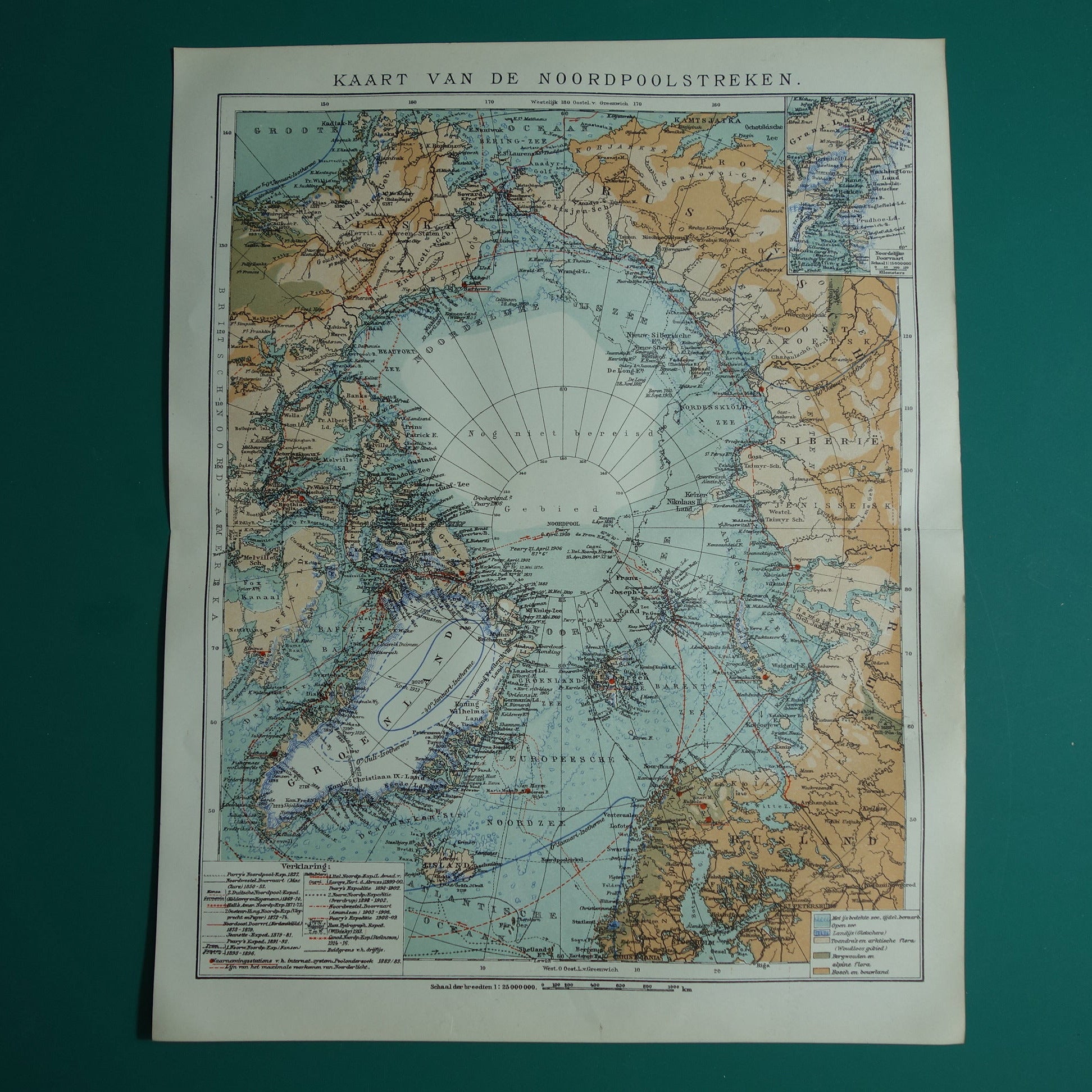 Oude kaart van de Noordpool 1920 originele antieke Nederlandse landkaart Groenland Spitsbergen