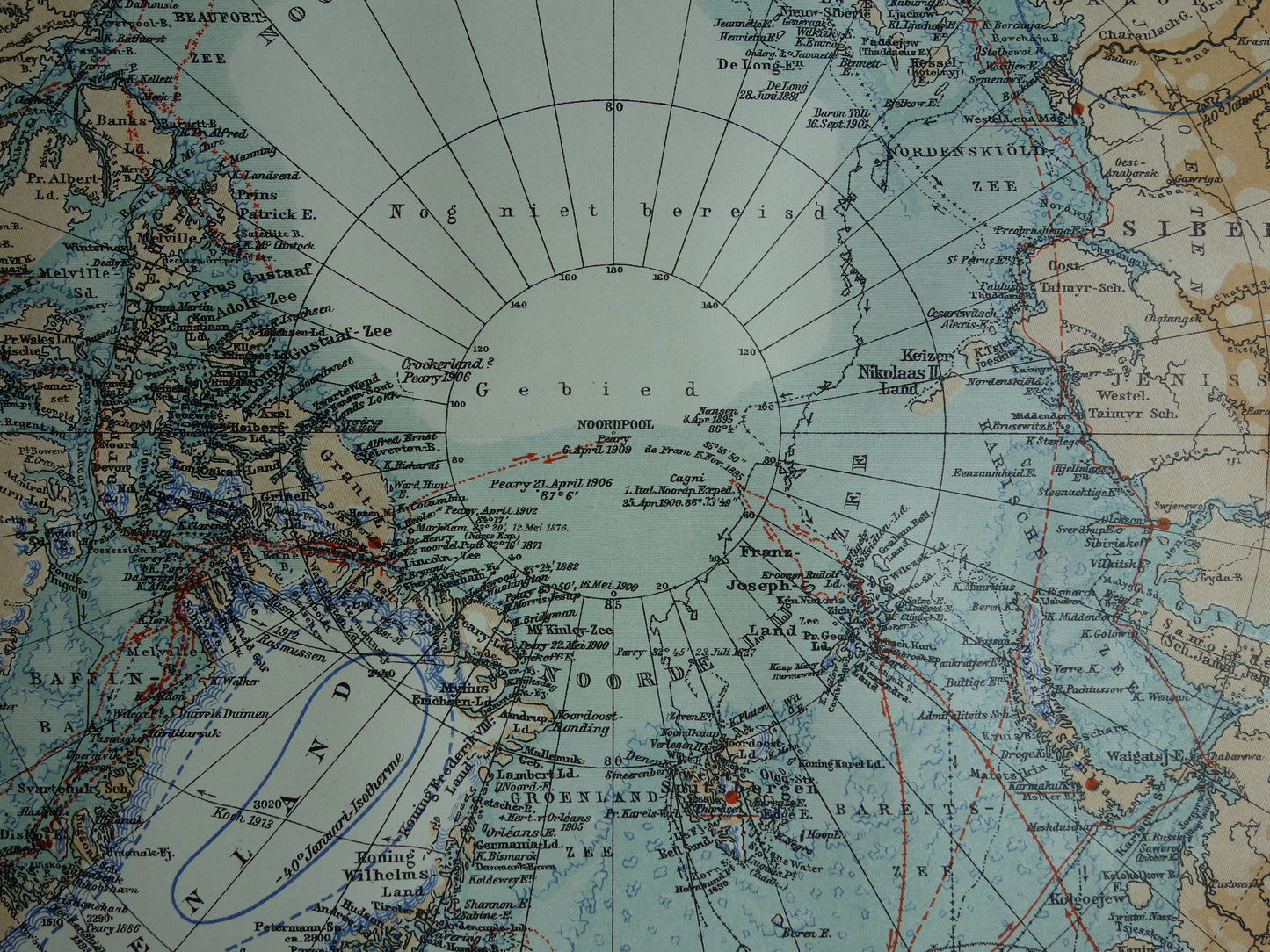 Oude kaart van de Noordpool 1920 originele antieke Nederlandse landkaart Groenland Spitsbergen