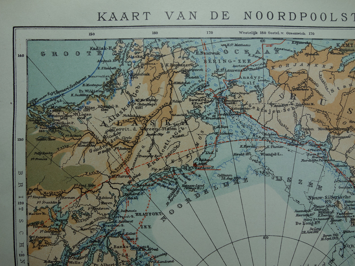 Oude kaart van de Noordpool 1920 originele antieke Nederlandse landkaart Groenland Spitsbergen