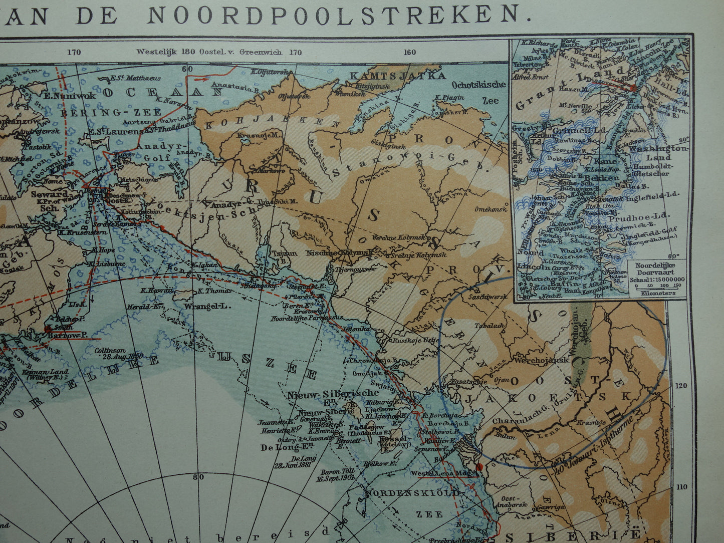 Oude kaart van de Noordpool 1920 originele antieke Nederlandse landkaart Groenland Spitsbergen