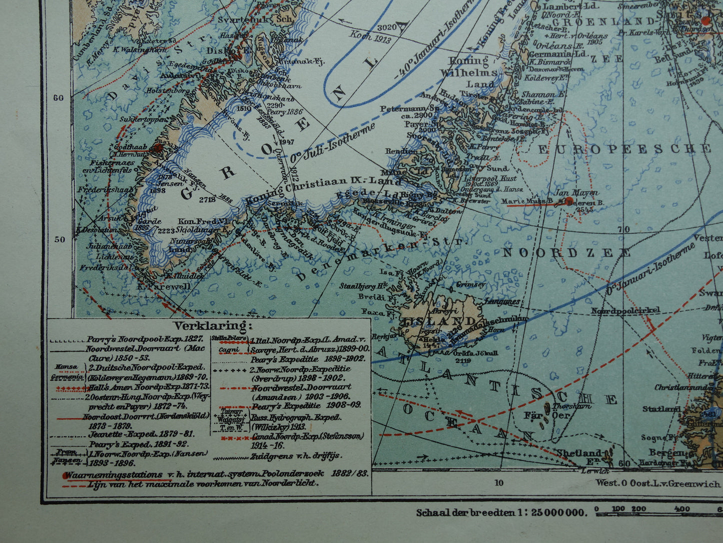 Oude kaart van de Noordpool 1920 originele antieke Nederlandse landkaart Groenland Spitsbergen