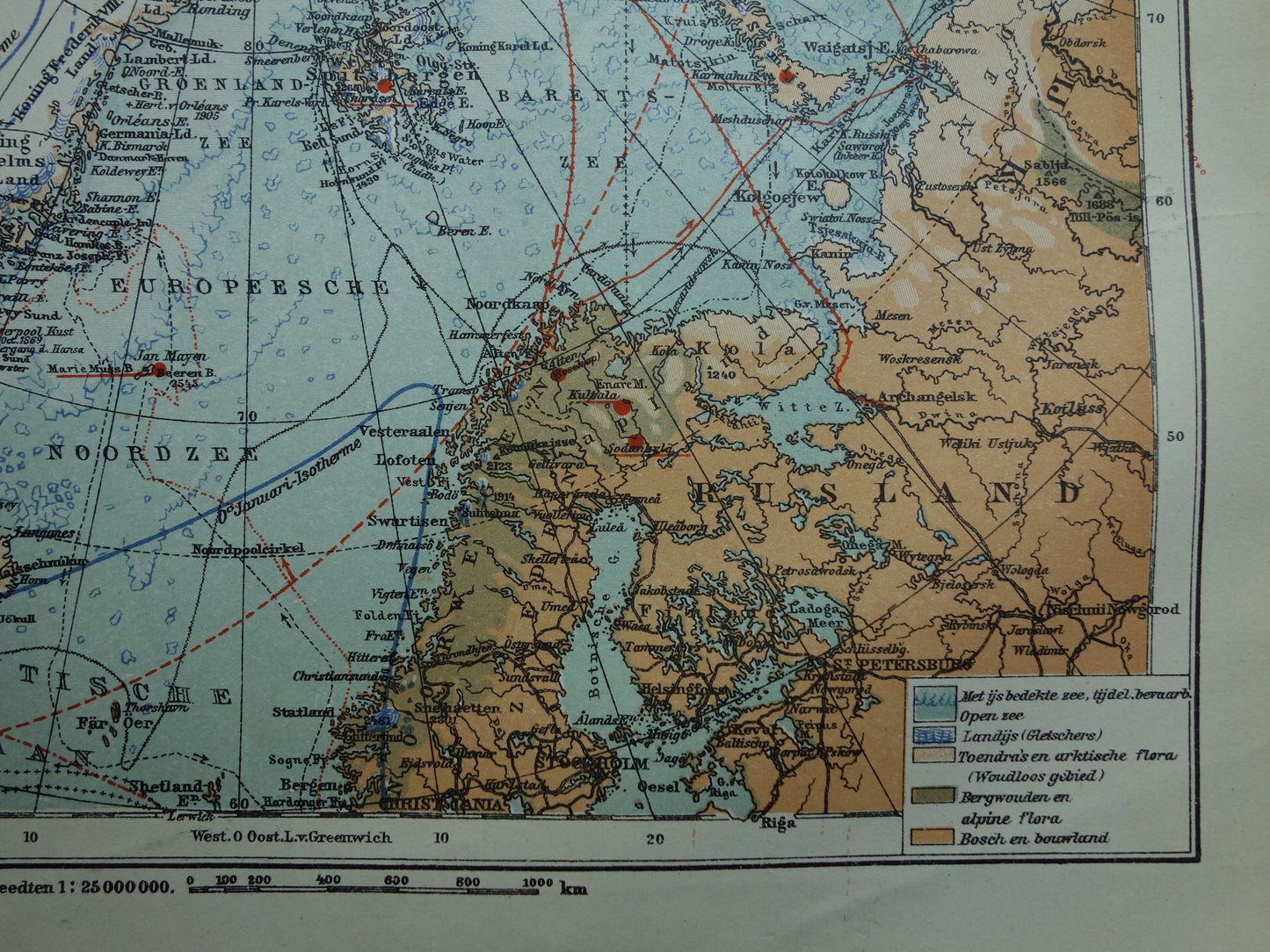 Oude kaart van de Noordpool 1920 originele antieke Nederlandse landkaart Groenland Spitsbergen