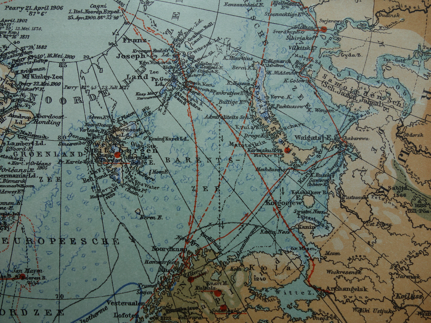 Oude kaart van de Noordpool 1920 originele antieke Nederlandse landkaart Groenland Spitsbergen