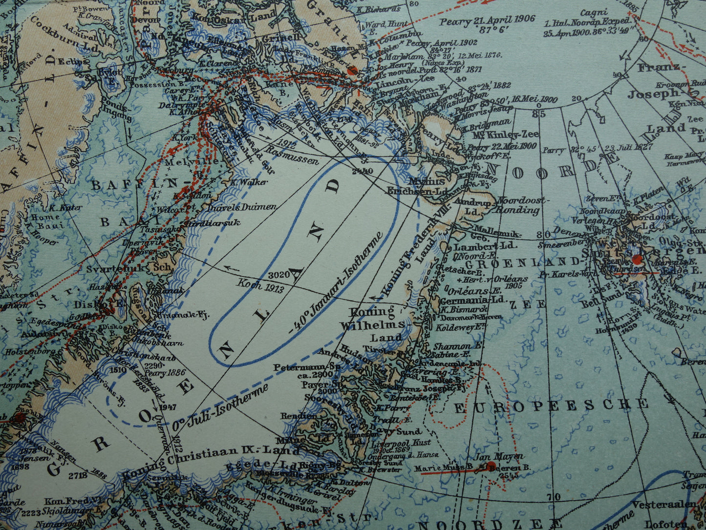 Oude kaart van de Noordpool 1920 originele antieke Nederlandse landkaart Groenland Spitsbergen