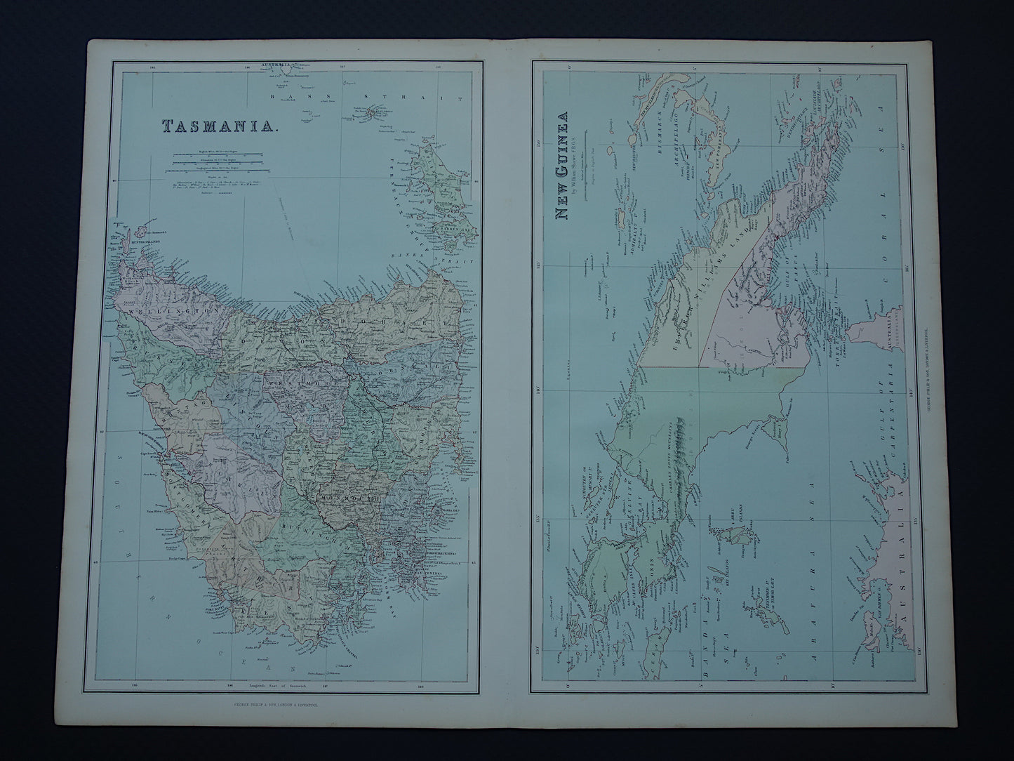 Oude kaart van Tasmanië en Nieuw-Guinea originele antieke Engelse landkaart