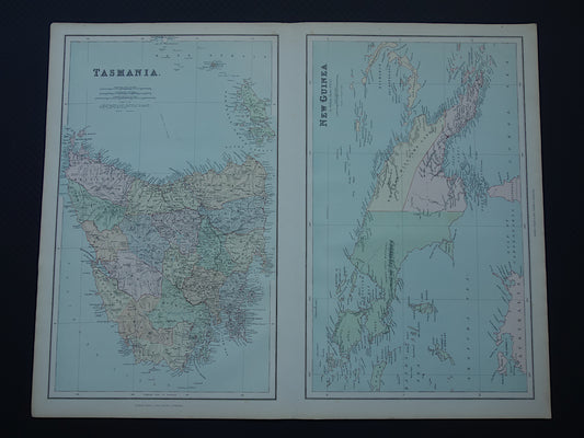 Oude kaart van Tasmanië en Nieuw-Guinea originele antieke Engelse landkaart