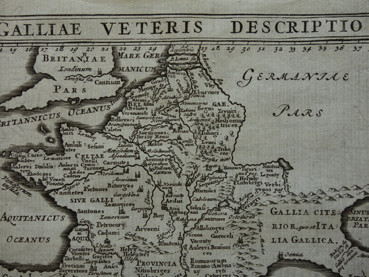 Oude kleine historische landkaart van Frankrijk België in klassieke oudheid 1661 originele antieke kaart Gallië Limes